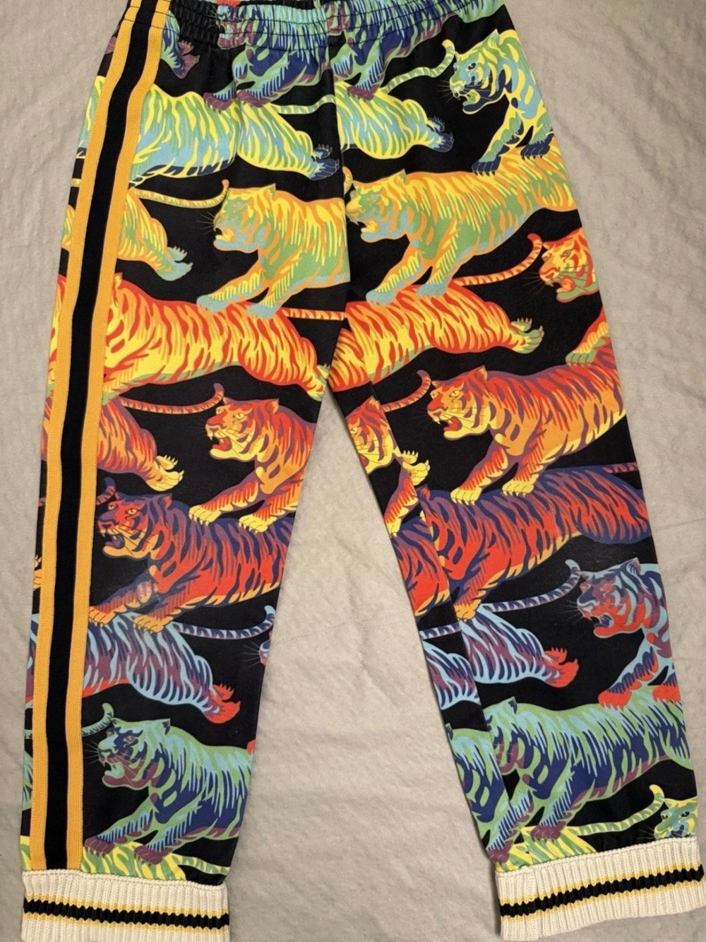 Gucci Multicolor Tiger-Print Kids Sweatpants with Yellow Stripe